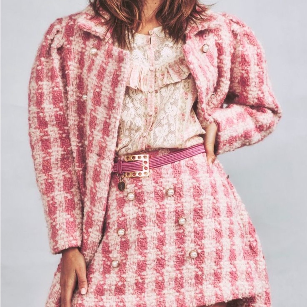 LoveShackFancy Pink and Cream Tweed Skirt
